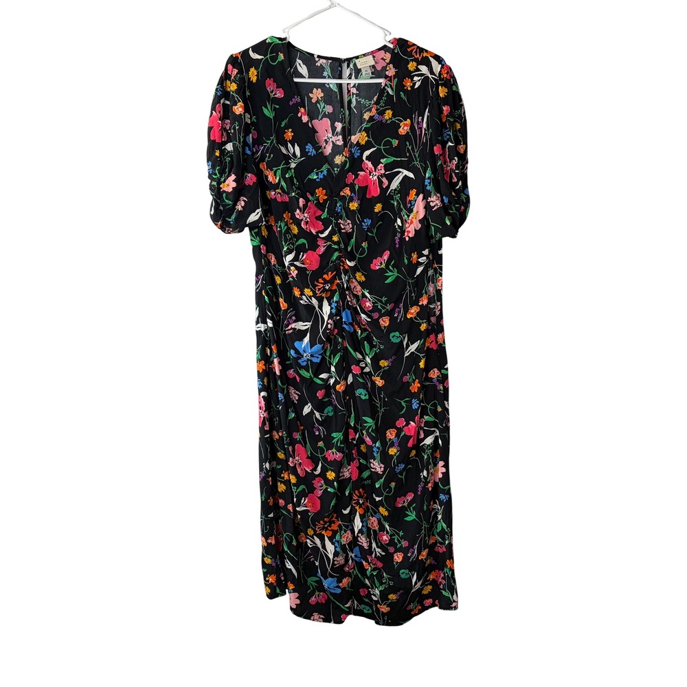A New Day Womens Floral Ruched V-Neck Puff Sleeve Midi Dress Black XL - Picture 13 of 14